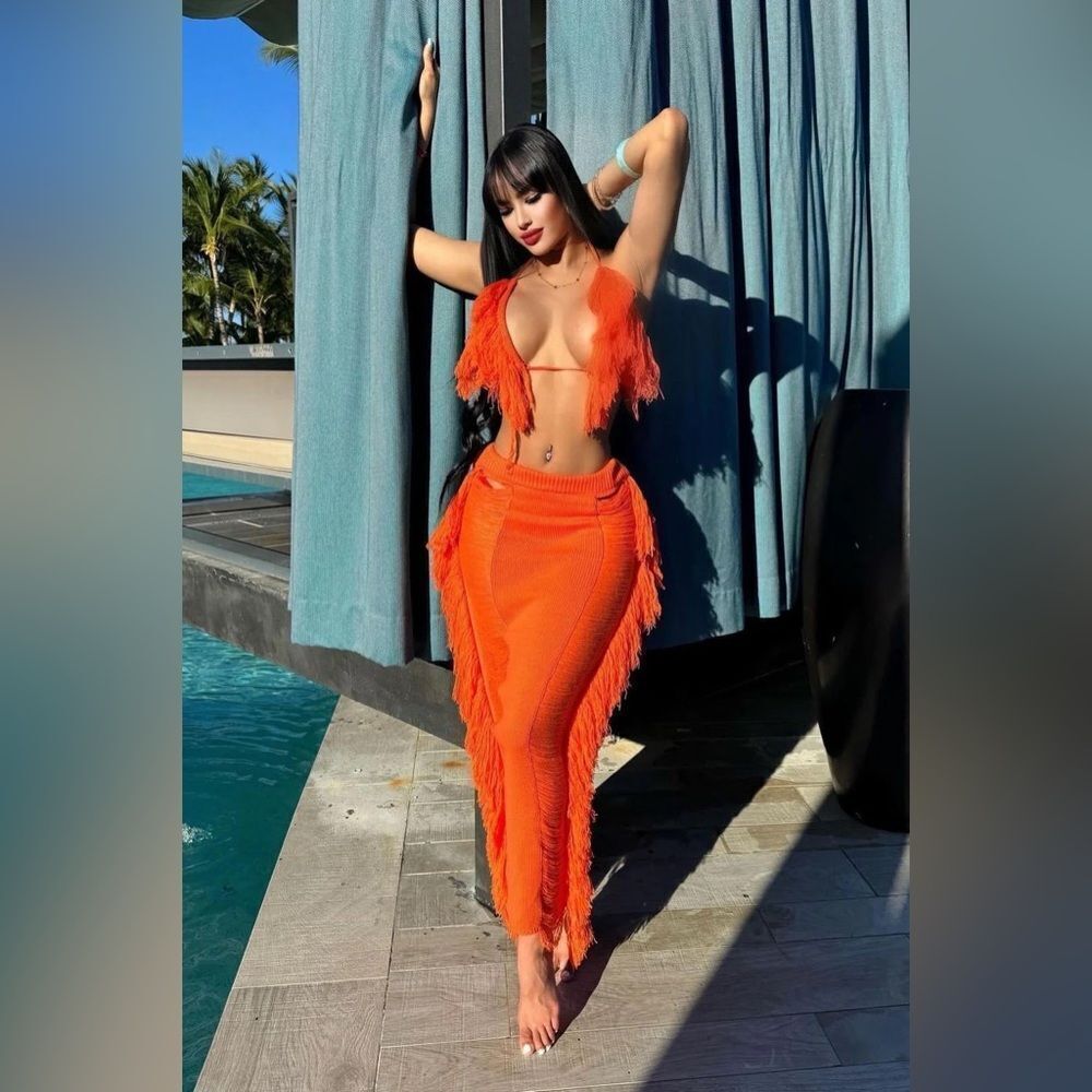 Call Me Again Fringe Skirt Set - Orange